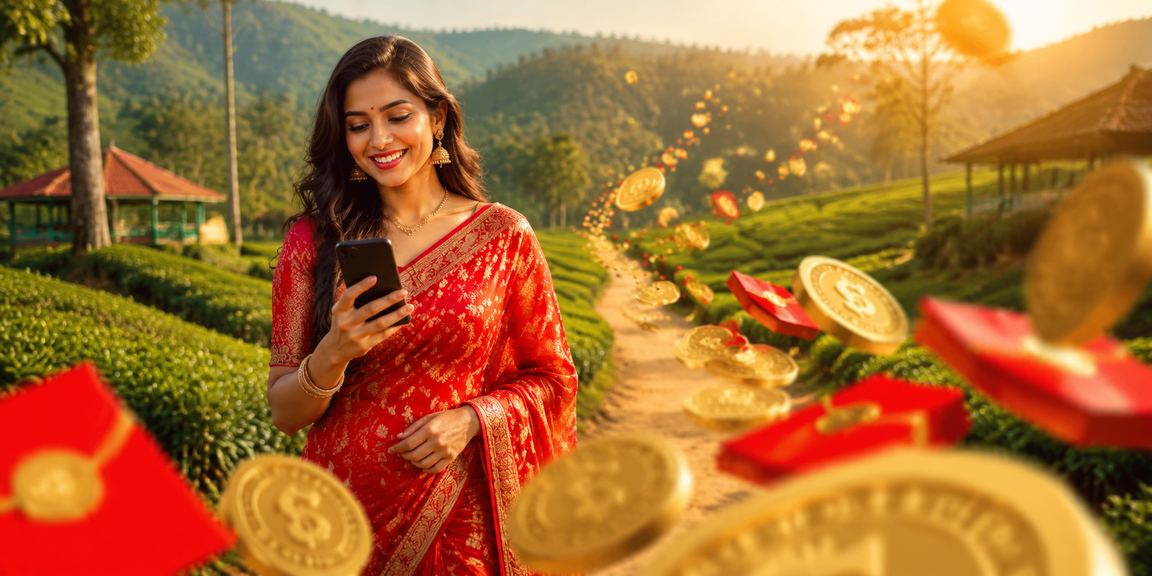 সিলেটে শাড়ি পরা মহিলা মোবাইলে রেড এনভেলোপ বোনাস দেখছেন