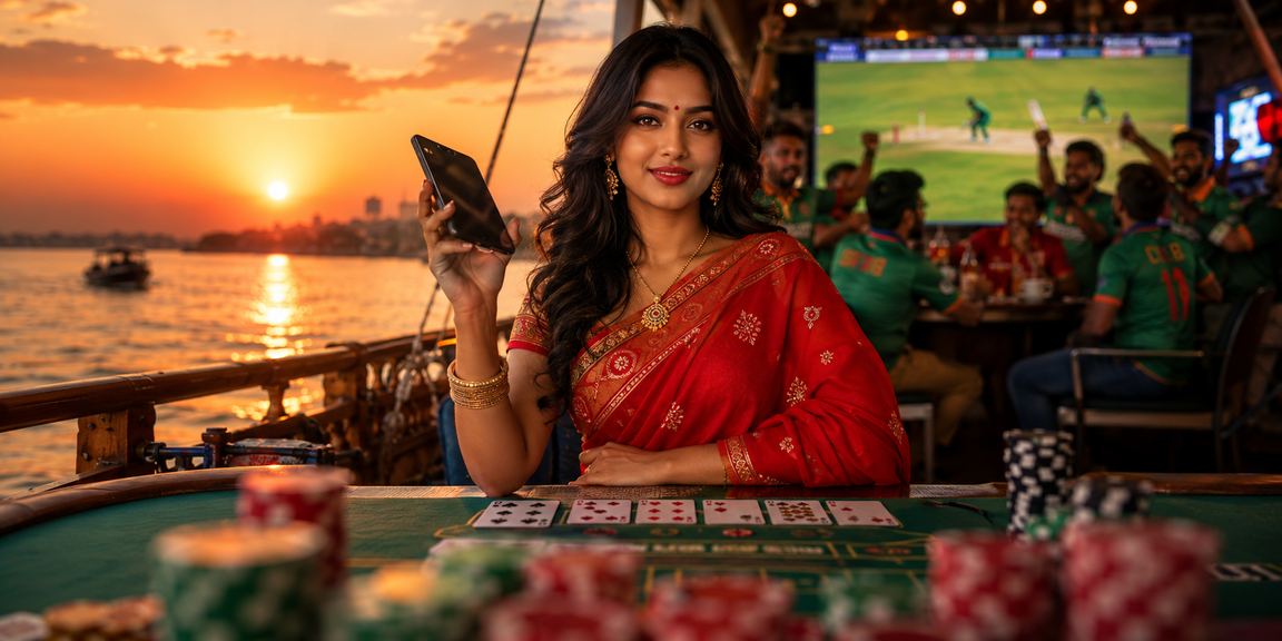 টাঙ্গুয়ার হাওরে শাড়ি পরা মহিলা মোবাইলে ক্রিকেট বেটিং উপভোগ করছেন